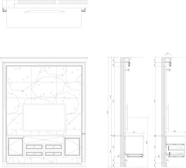 2D Interior Drawing of TV Cabinet and Dining Area with Wooden Molding, Hidden LED Lighting, Including Plan, Elevation, and Section for Construction Reference