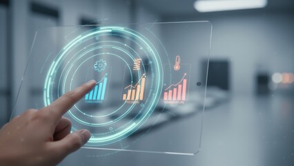 Hydrogen Fuel Future Energy Futuristic interface displaying data analytics and charts with a hand interacting with the screen.