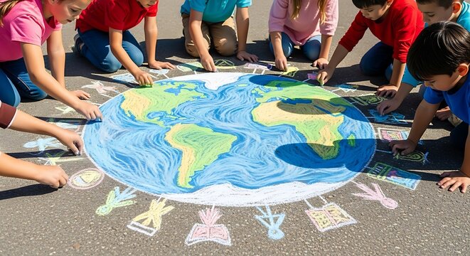 Group of Children Drawing Colorful World Map on Pavement with Chalk Outdoors - Powered by Adobe