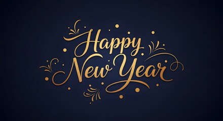 Elegant golden happy new year calligraphy with festive sparkles on dark blue background