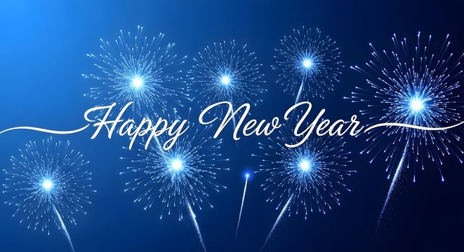 Bright blue fireworks explode in the night sky with elegant white happy new year text