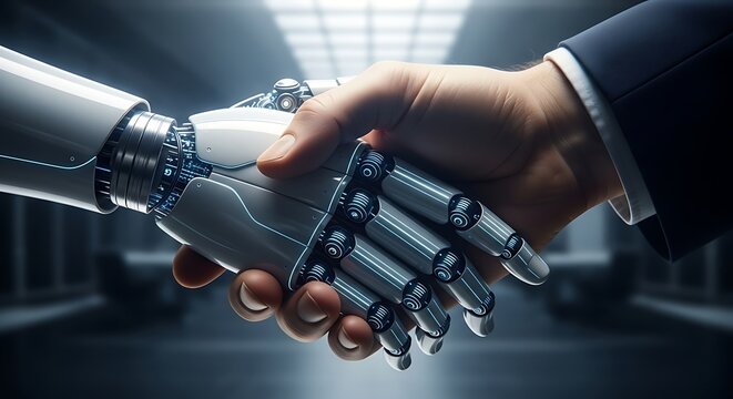 A human hand shaking hands with a futuristic robot hand in a business setting with a dark background - Powered by Adobe