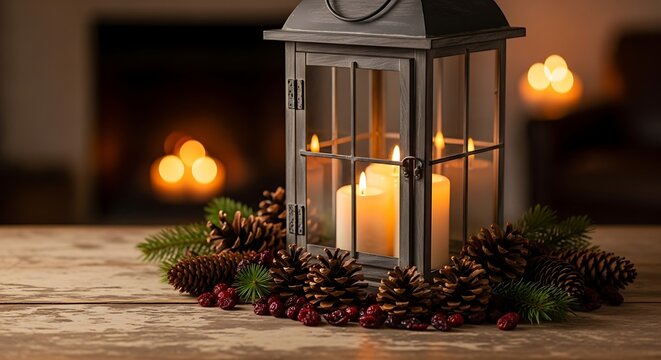 Lantern with candles and pine cones on a wooden surface in front of a blurred fireplace scene - Powered by Adobe