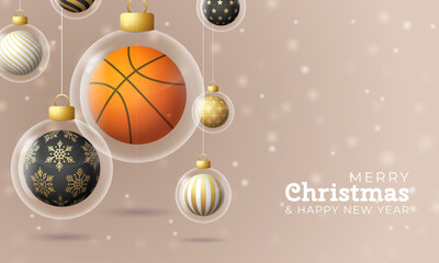 Basketball Christmas and New Year greeting banner. Merry Christmas golden greeting card with glass xmas ball as a bauble on beige background. Vector illustration sport modern banner