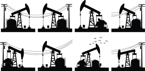 Oil pumpjack silhouettes, petroleum extraction vector illustration, industrial energy production design,