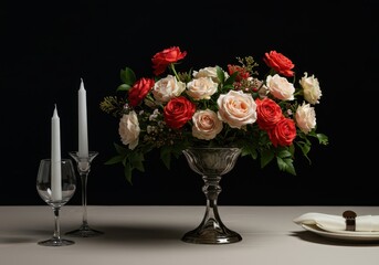 Elegant floral arrangement serving as a beautiful table centerpiece for a festive formal dinner celebration or special event, flowers, reception, event