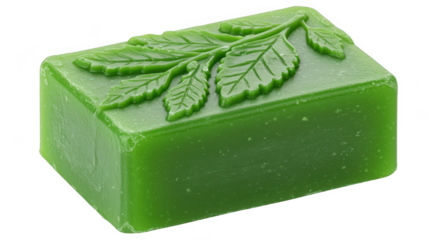 Green herbal soap with leaf pattern isolated on transparent background