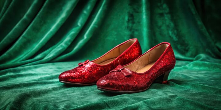 Vintage red ruby slippers standing alone on a lush emerald green velvet background with intricate gold trim and subtle sparkle , jewel, gemstone