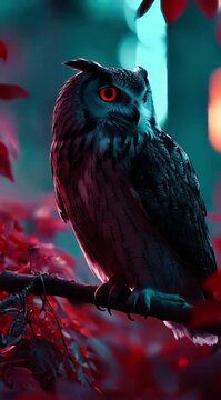 Magical predator owl turning head while sitting on branch with red autumn leaves on moonlit night creating atmosphere of mysterious magic and nocturnal enigma.
