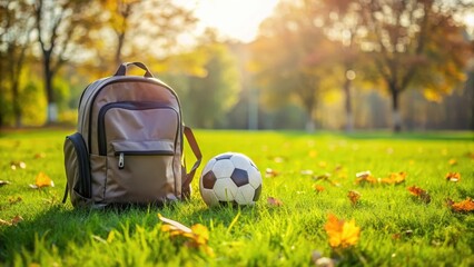 A school bag and a soccer ball sit side by side on a lush green grassy field with a few scattered leaves and twigs around them , education, soccer ball