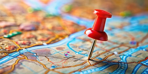 A close-up shot of a destination pin on a map with selective focus, highlighting its details and precision , location, map