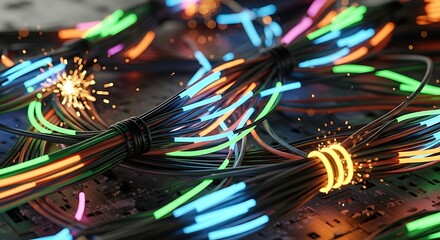 Vibrant glowing fiber optic cables transmitting digital data signals through electronic circuits in futuristic technology network


