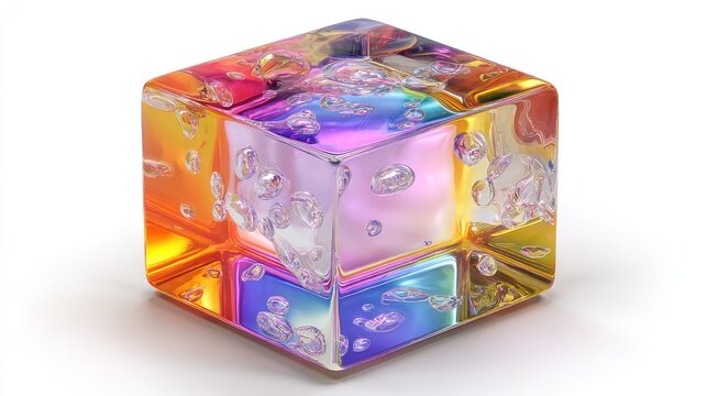 A translucent cube with rainbow hues and trapped bubbles, sitting on a white backdrop