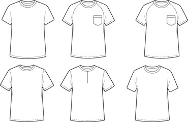 T-shirt design variations, crew neck styles, pocket detail, raglan sleeve, fashion flat sketch, garment template, cad drawing flat vector illustration