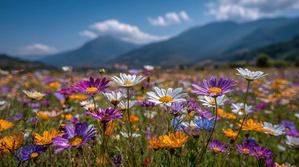 Obraz premium A vibrant field of colorful flowers with mountains in the background under a blue sky