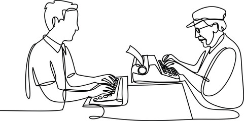 Typewriter vs keyboard, generational contrast, black and white line drawing, writing tools, communication evolution, vintage and modern, sketch illustration