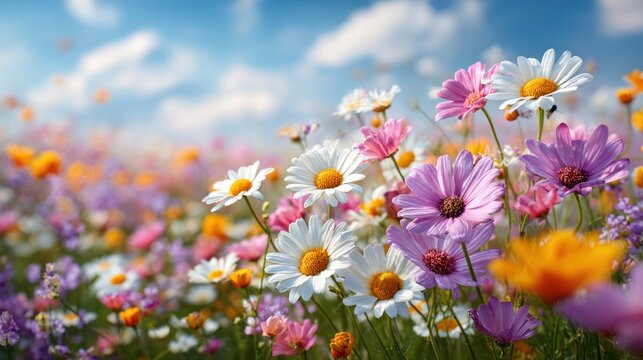 A vibrant field of diverse wildflowers basks under a bright, slightly clouded sky, sunlit