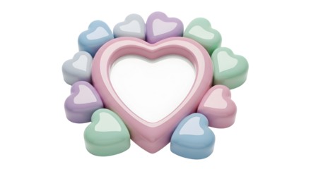 Pastel colored hearts surrounding a large pink heart picture frame isolated on white background