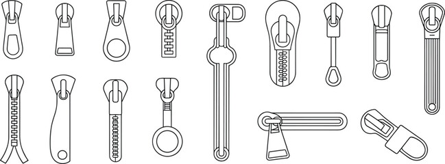 Zipper slider design collection, black and white line drawings, textile hardware styles, garment accessory mockup, fashion sketch template, cad drawing flat vector illustration