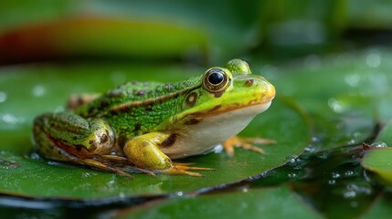 Naklejka premium A vibrant green frog sits contentedly on a lily pad, showcasing its detailed features