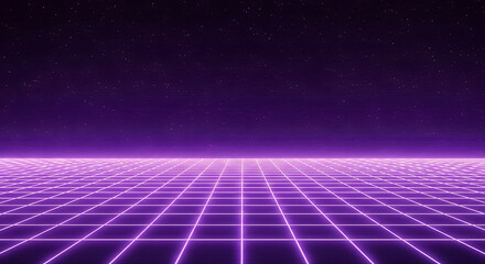 Neon purple grid landscape with starry night sky digital