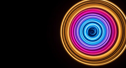 Swirling neon light rings in blue purple pink and gold on black abstract circle