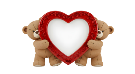 Two cute teddy bears holding a blank red heart picture frame isolated on white background.