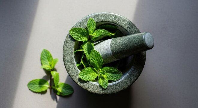 Fresh mint leaves in a stone mortar and pestle