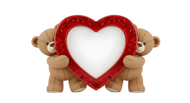 Two cute teddy bears holding a blank red heart picture frame isolated on white background.