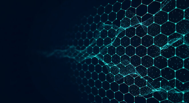Abstract blue hexagonal network pattern with glowing particles image