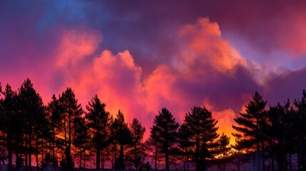 Obraz premium Stunning Sunset Over Forest Silhouettes with Vibrant Colors and Dramatic Sky Filled with Clouds