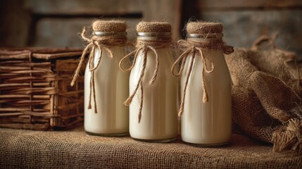 Fresh Bottles of Homemade Milk Displayed on Rustic Fabric with Natural Lighting and Wooden Elements in the Background