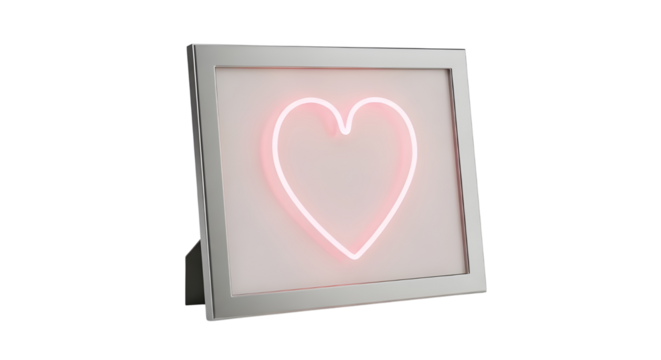 Glowing pink neon heart symbol inside a modern silver frame isolated on white background - Powered by Adobe