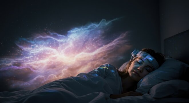 Serene Sleep: Woman in Bed with Nebula Projection and Sleep Aid Headband