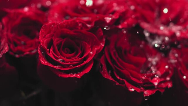 Mesmerizing close-up of a bouquet of vibrant red roses gently kissed by refreshing droplets of water