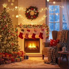 Cozy living room decorated for Christmas with a fireplace, tree, and presents.