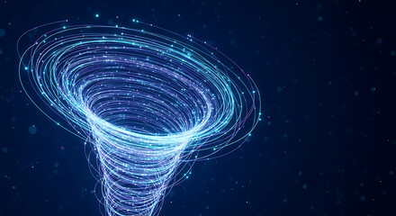 Swirling blue and purple light trails forming a vortex against dark background tornado