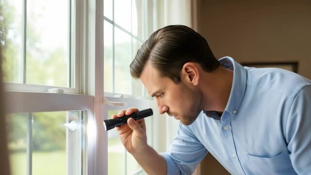 Caucasian man inspects window with flashlight and clipboard, assessing for pests or damage. Home inspection, pest control, repair concept.