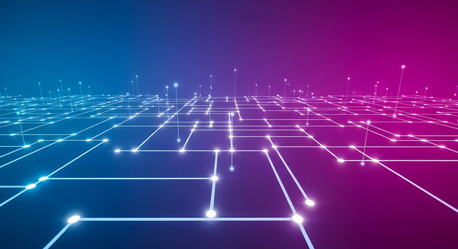 Glowing digital network grid with blue and pink gradient background technology connection - Powered by Adobe