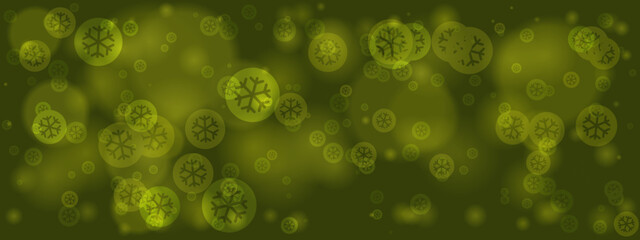 Abstract dark green background with glowing light green bokeh circles and snowflake patterns, creating a festive winter holiday design.