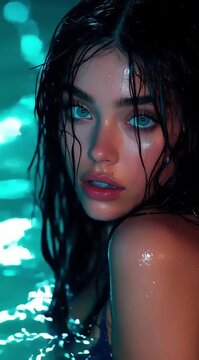 Cute teenage girl swimming in crystal clear pool with playful expression creating atmosphere of carefree summer enjoyment.