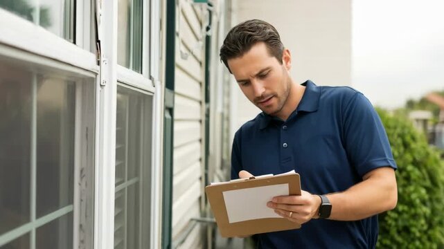 Man inspection window for pest control using flashlight and clipboard. Home maintenance service for insect and rodent treatment.