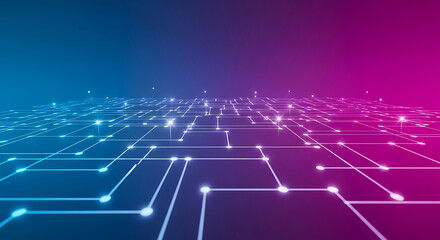 Glowing blue and pink digital network grid with light points technology connection