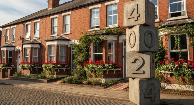 Charming Brick Townhouses with Number Blocks and Floral Window Boxes - Powered by Adobe