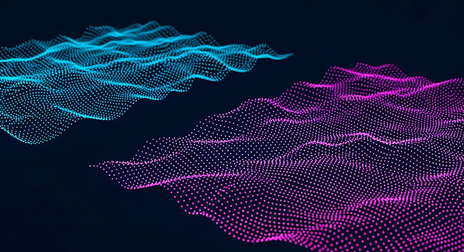 Two abstract glowing particle wave forms in blue and pink background bright