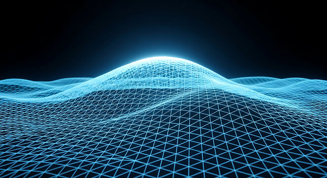 Glowing blue wireframe grid forming abstract digital landscape background bright