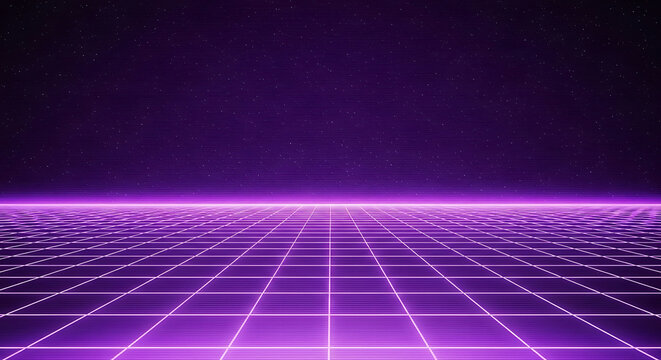 Neon grid landscape with purple starry sky stars