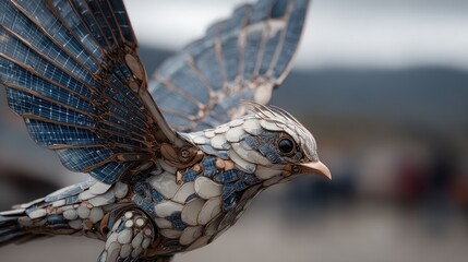 Close-up of ornate bird sculpture with mechanical wings, blurred background