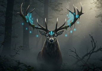 A majestic stag with glowing, circuit-board-like antlers stands in a misty forest.