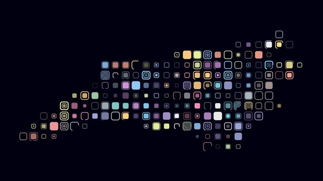 North Carolina animated shape. Pulsating colored dots on the map of the state. Large size rounded square blocks. Digital style North Carolina map on dark background. Simple animation video.